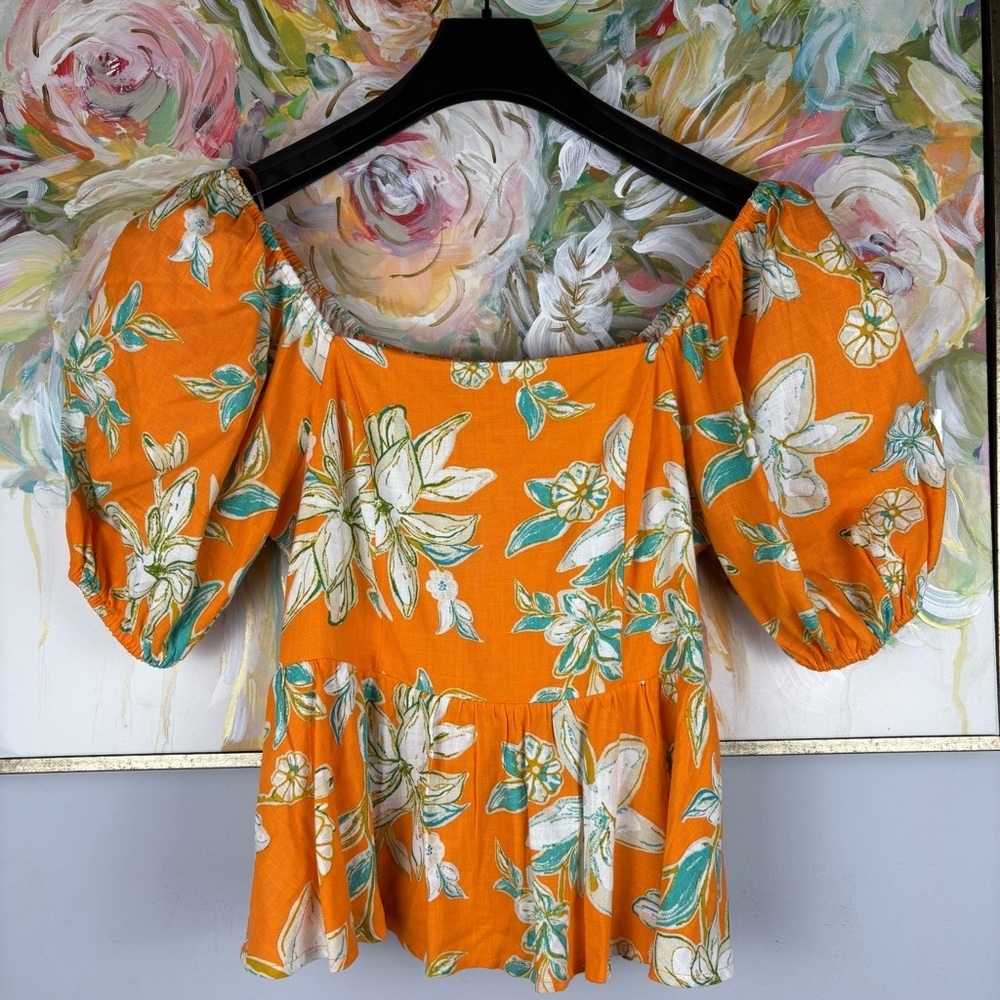 Flying Tomato Orange Floral Linen Off Shoulder Puff Sleeve Blouse M - Picture 2 of 7